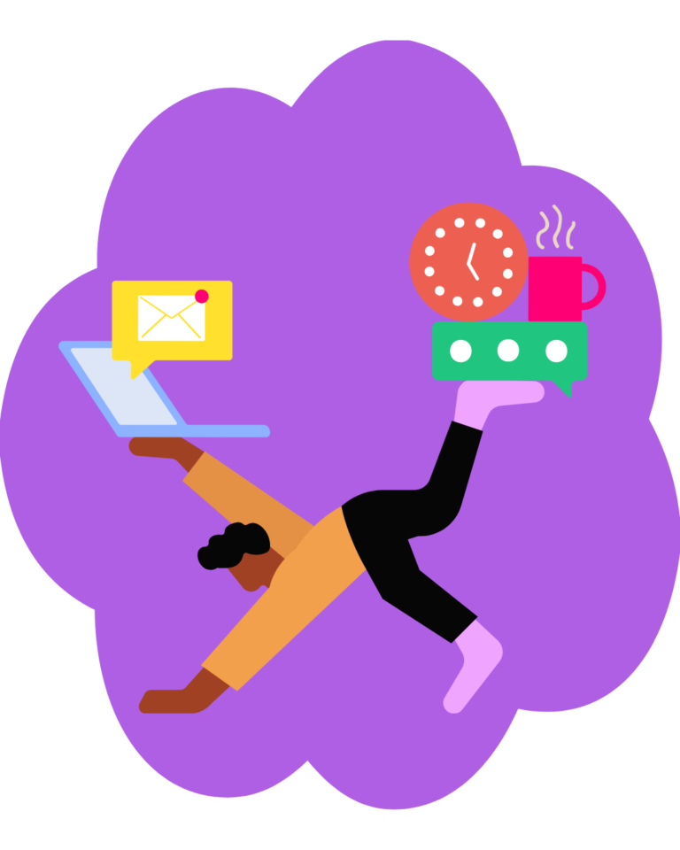 Colorful illustration of two people balancing a laptop, messages, time, coffee, and daily responsibilities.